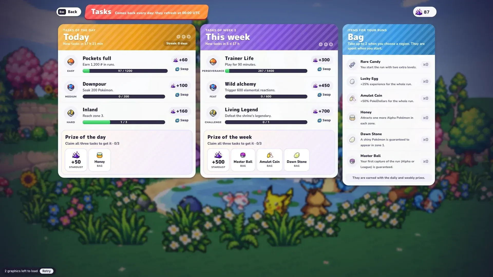 PokeBonk daily and weekly tasks with Stardust rewards, reset at 00:00 UTC