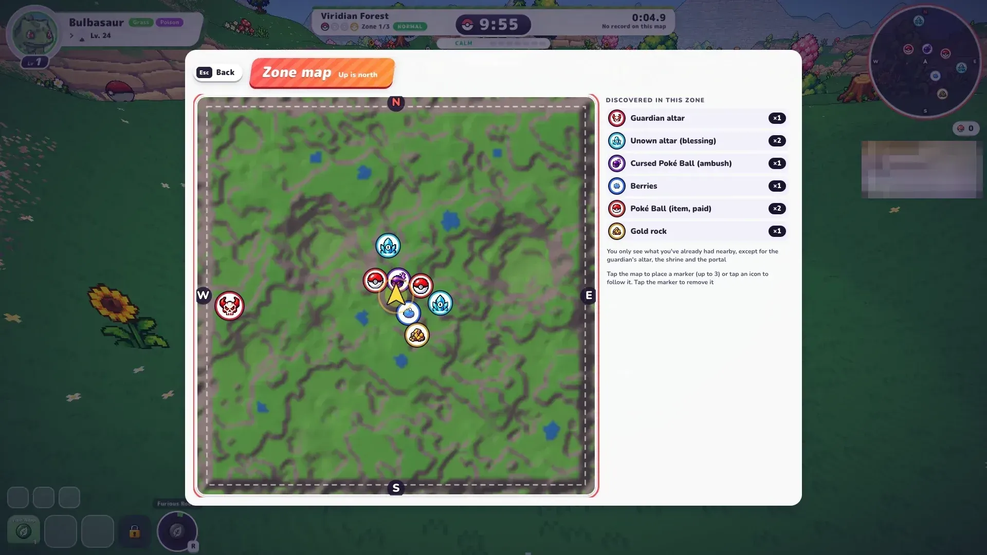 PokeBonk big zone map (M) of Viridian Forest Zone 1 with discovered landmarks