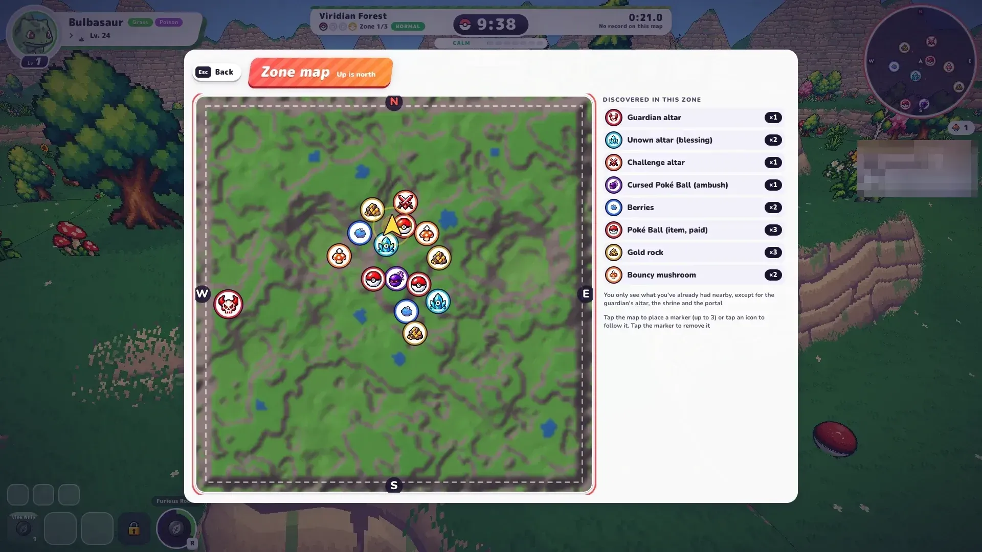 PokeBonk zone map legend with Poké Balls, altars and landmarks