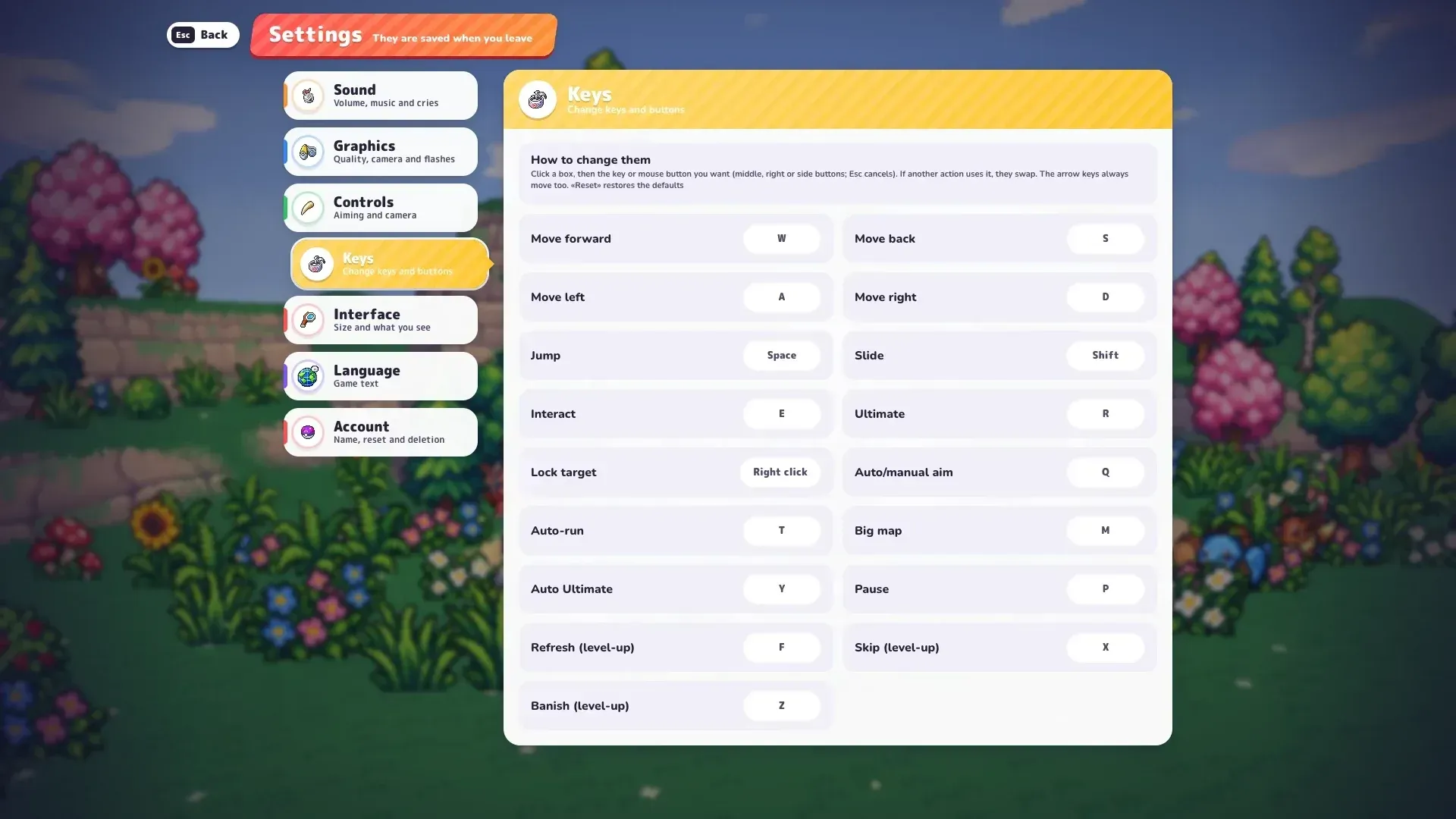 PokeBonk default key bindings: WASD, Space jump, Shift dash, E interact, R Ultimate, M map, F/X/Z level-up tools
