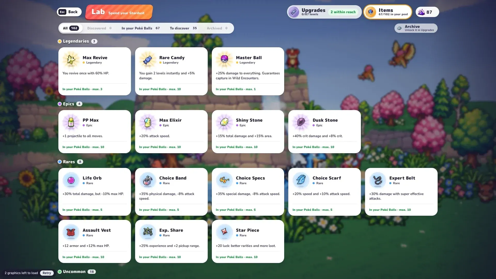 PokeBonk Lab item pool with unlockable items