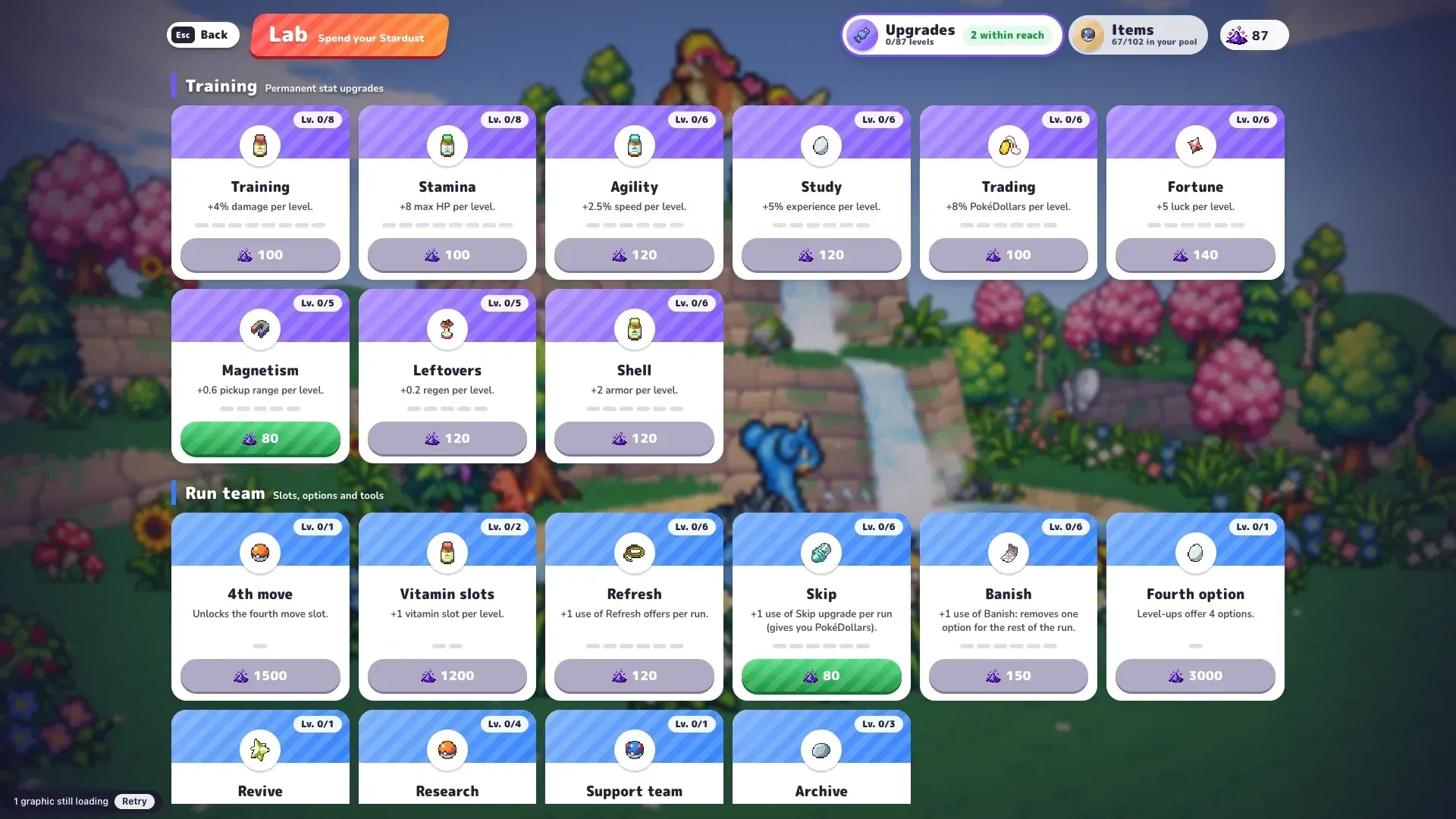PokeBonk Lab Training upgrades with starting Stardust costs and max levels