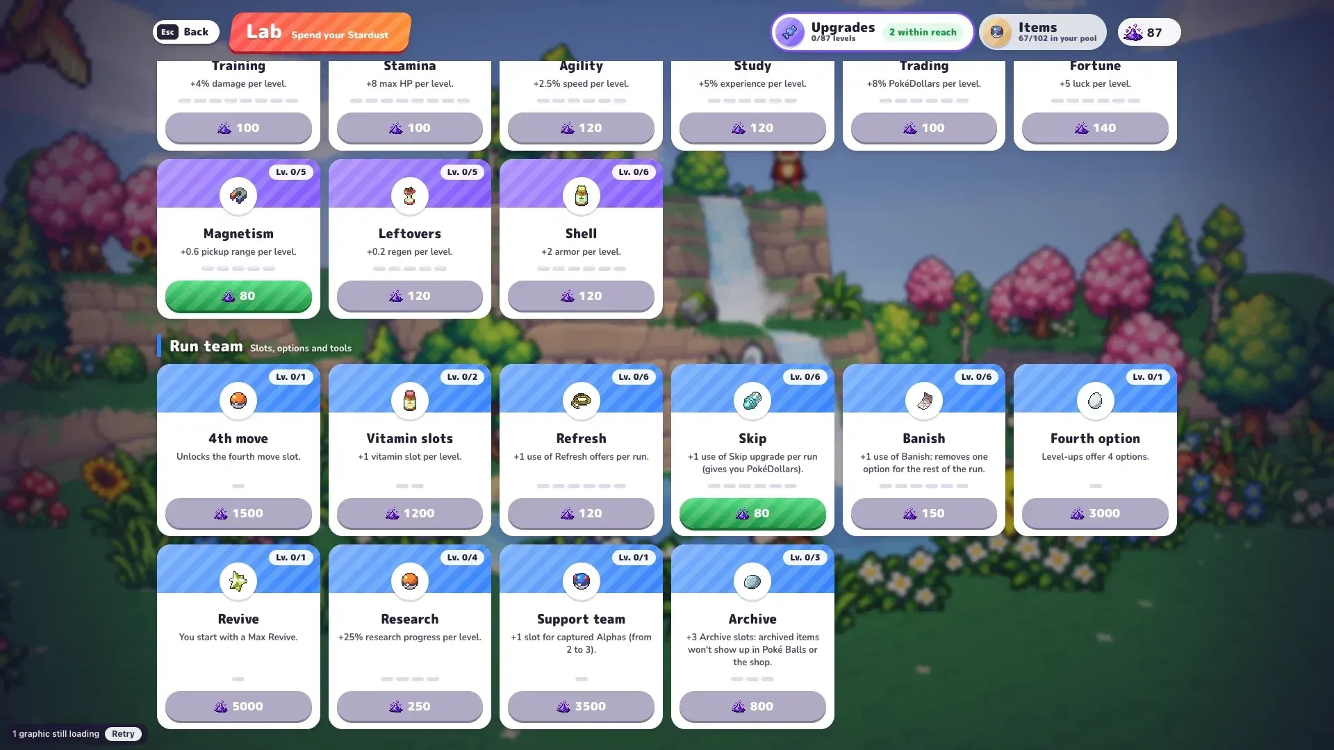 PokeBonk Lab run tools: 4th move slot 1500, vitamin slots 1200, Refresh, Skip, Banish and fourth option 3000