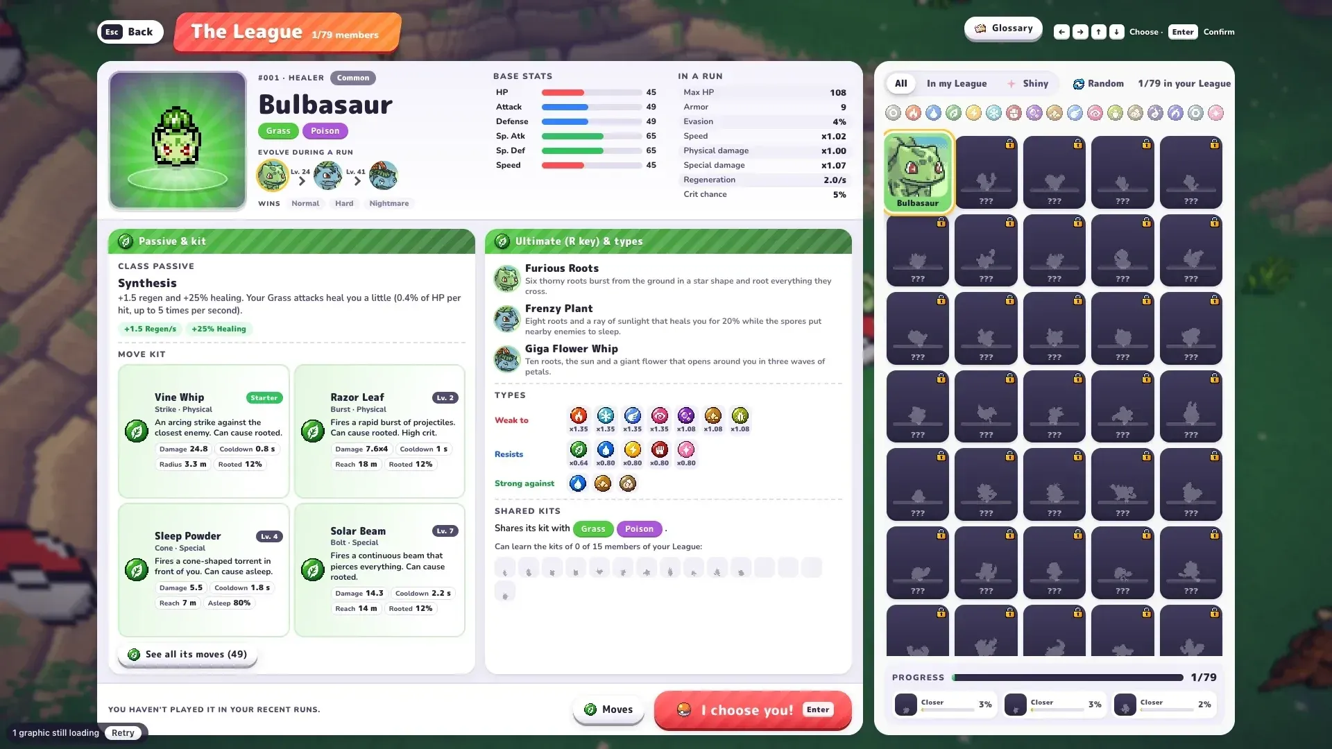 PokeBonk League entry for Bulbasaur: passive Synthesis, moves, Ultimate and evolution levels 24 and 41