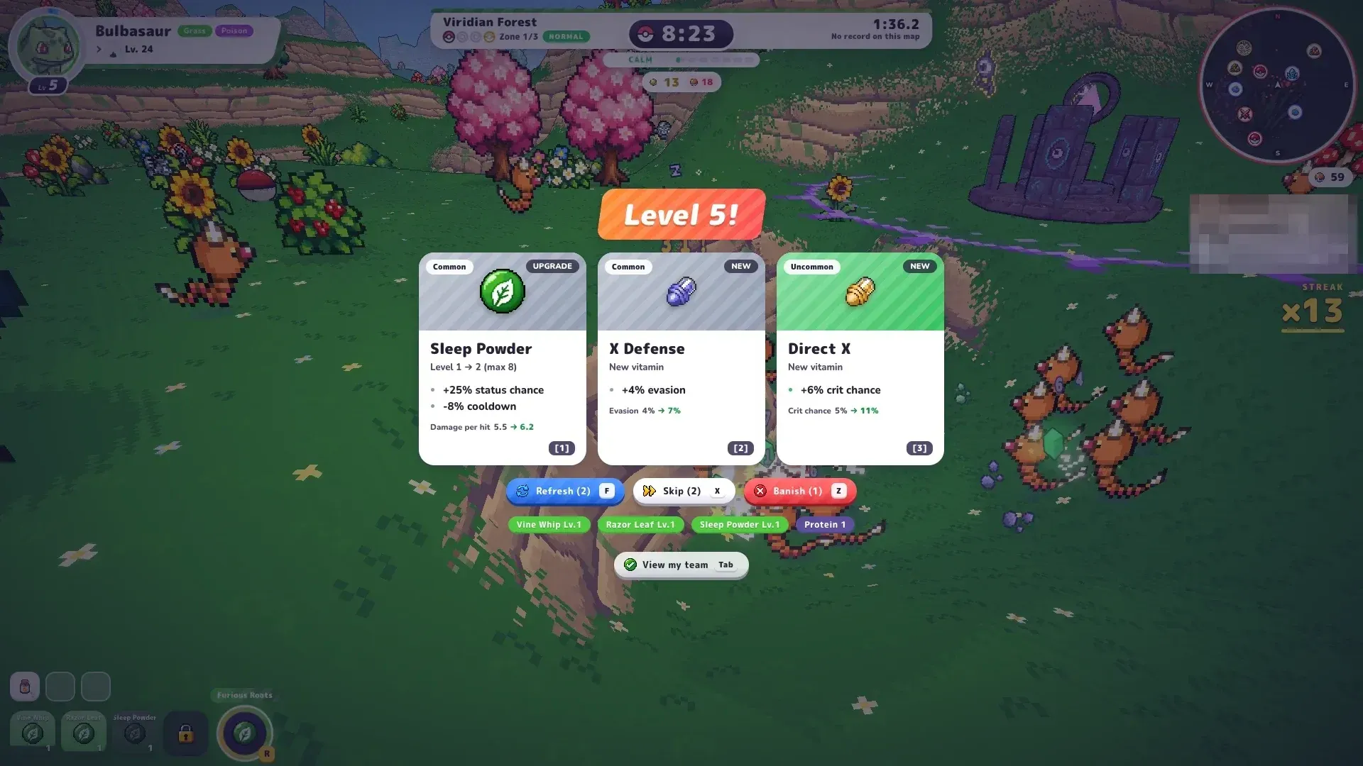 PokeBonk level-up choice with Sleep Powder, X Defense and Direct X