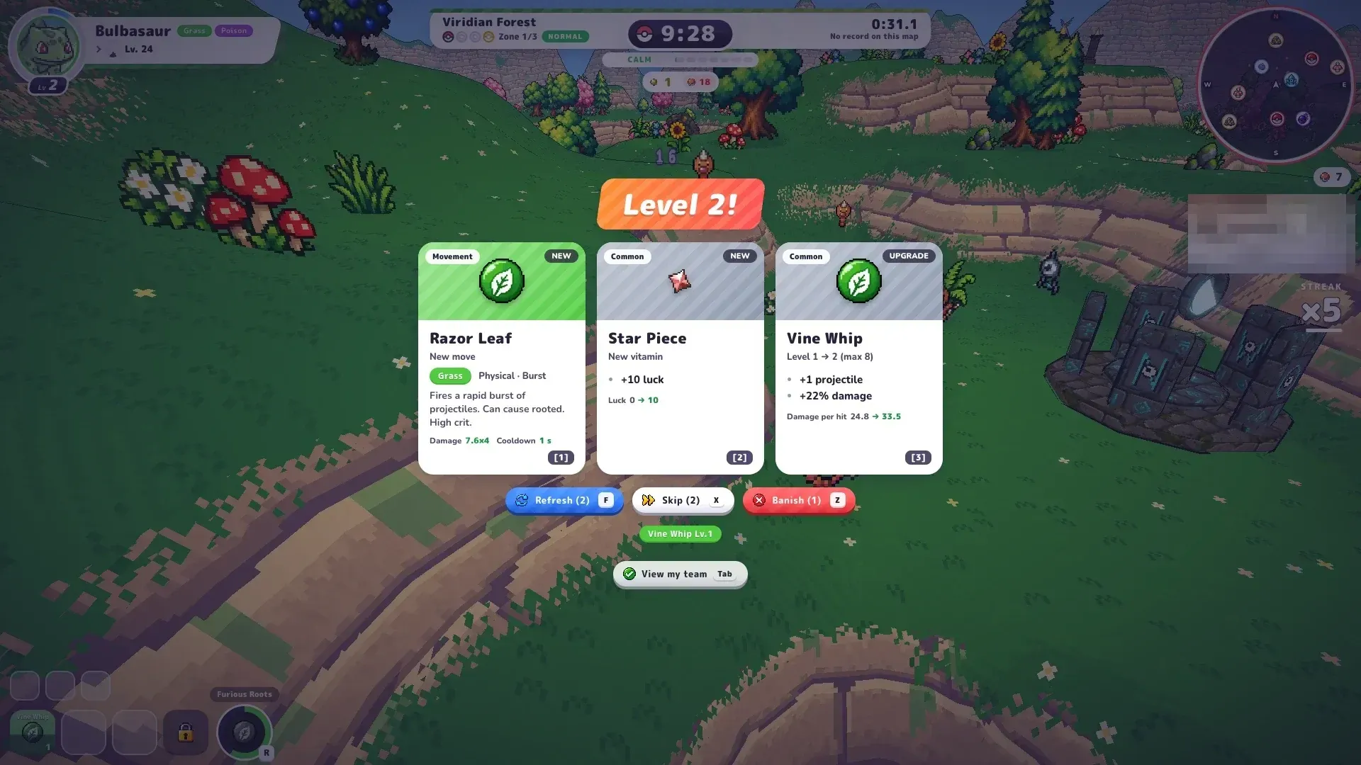 PokeBonk Level 2 cards: Razor Leaf new move, Star Piece vitamin, Vine Whip upgrade, with Refresh (F), Skip (X) and Banish (Z)