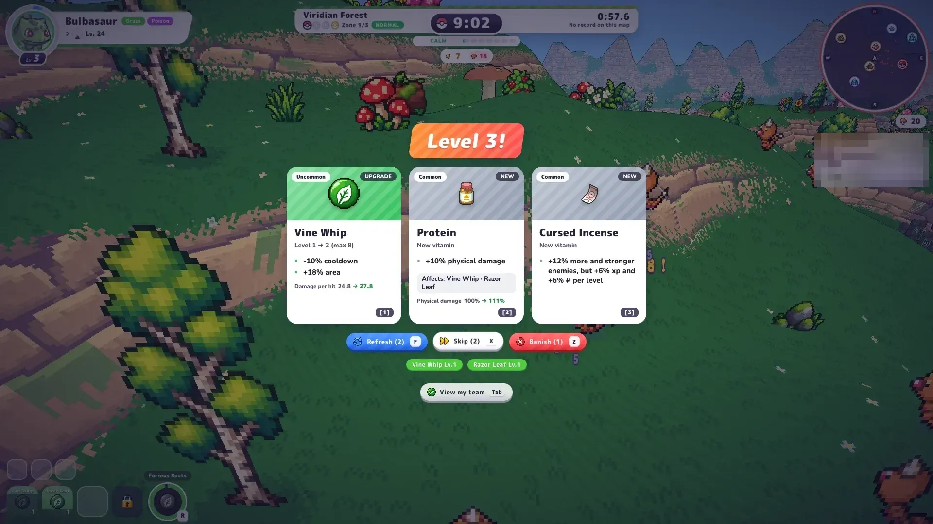PokeBonk level-up choice with Vine Whip, Protein and Cursed Incense