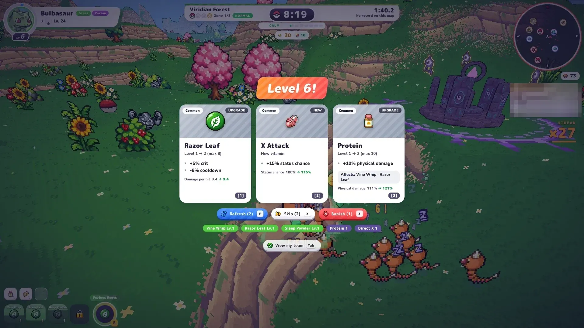 PokeBonk level-up choice with a Razor Leaf upgrade card