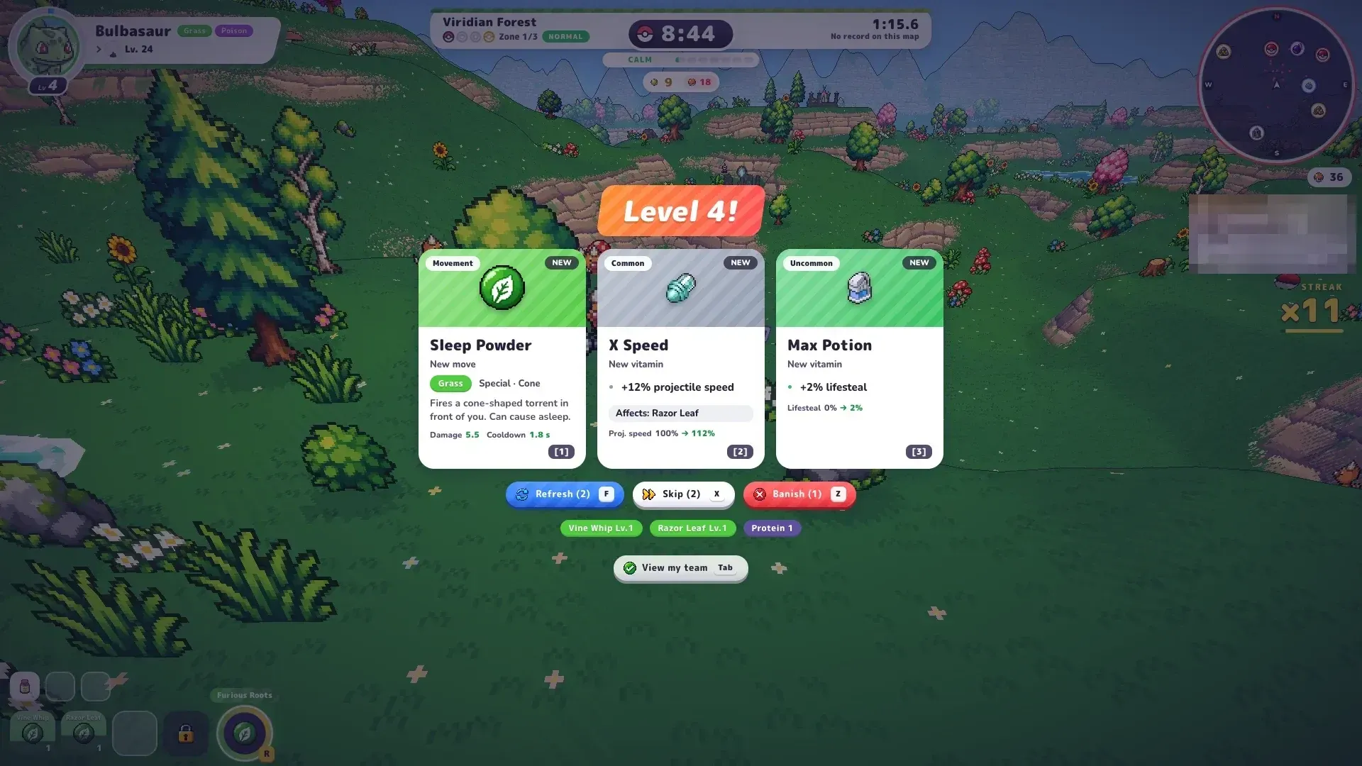 PokeBonk level-up choice offering Sleep Powder, X Speed and Max Potion