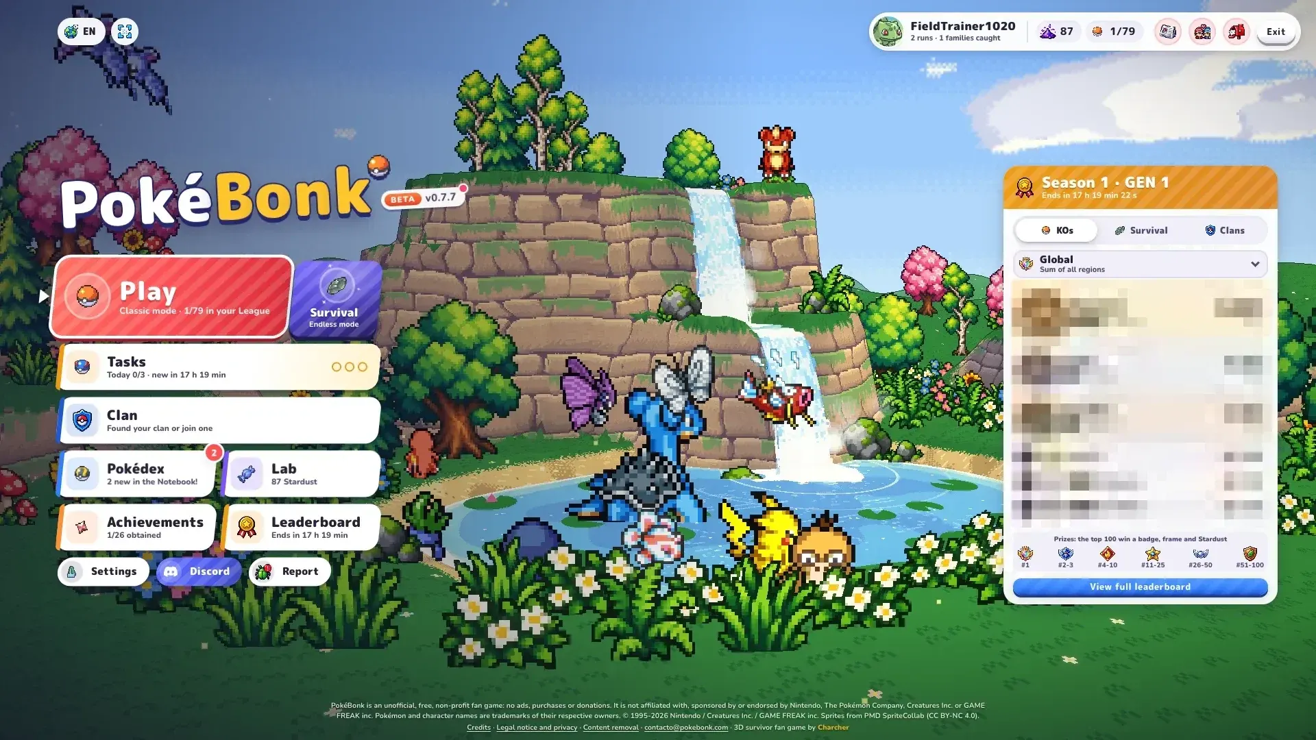 PokeBonk main menu in v0.7.7 with Play, Survival, Lab and the Season 1 leaderboard