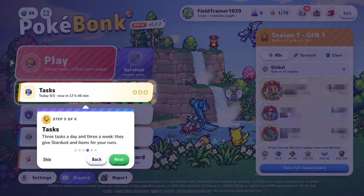 PokeBonk menu tutorial step explaining daily and weekly Tasks