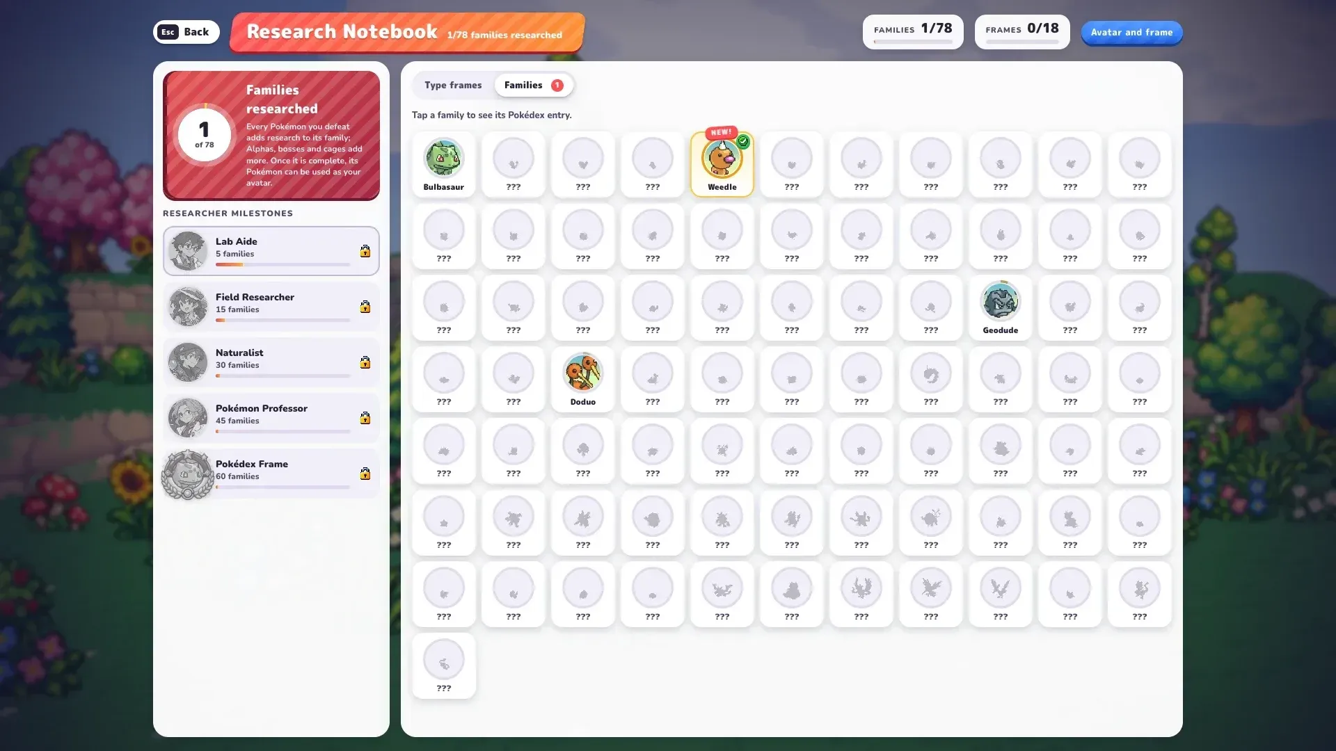PokeBonk Research Notebook with Pokémon families and research milestones
