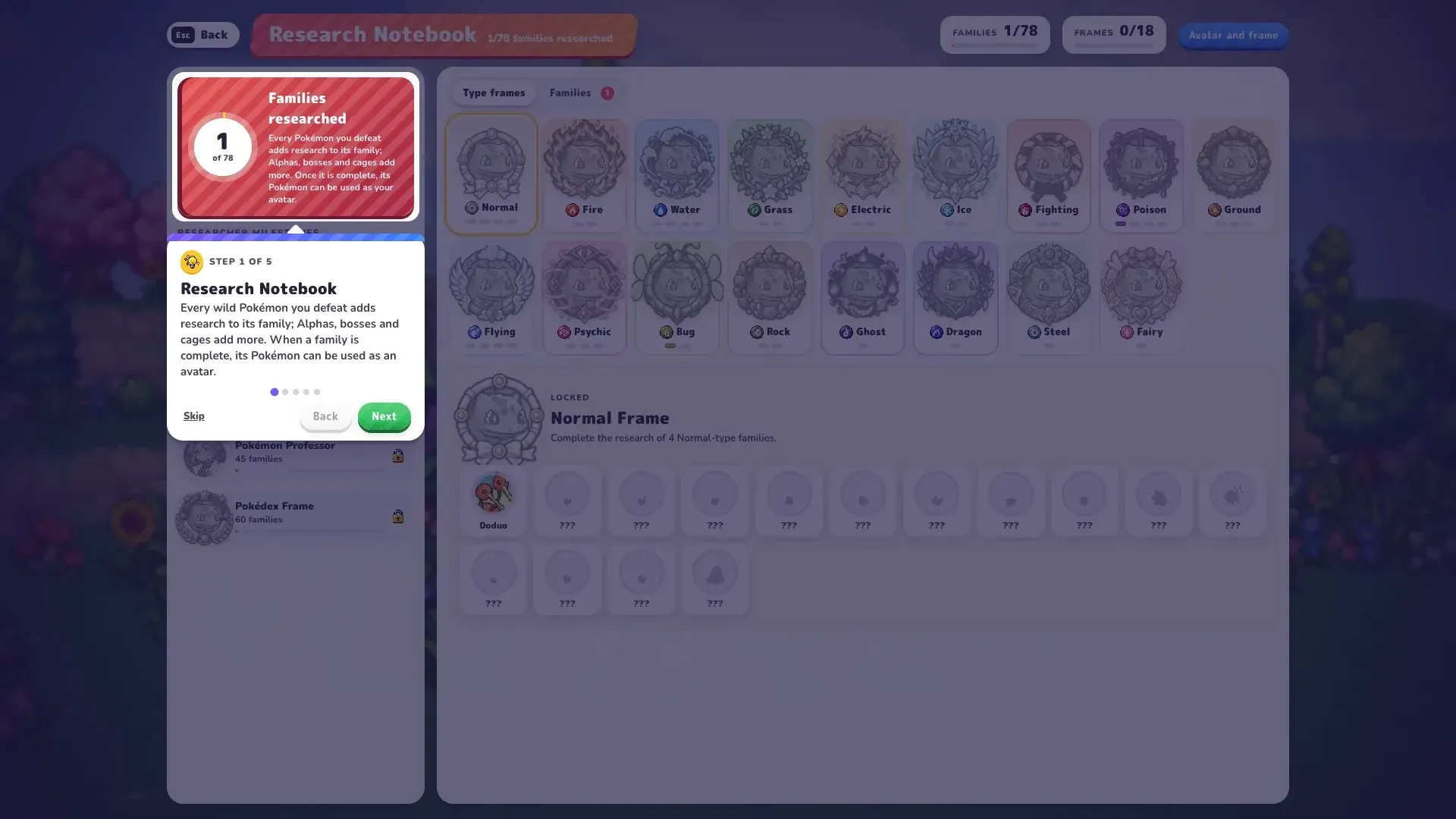 PokeBonk Research Notebook tutorial: research families to unlock avatars and frames