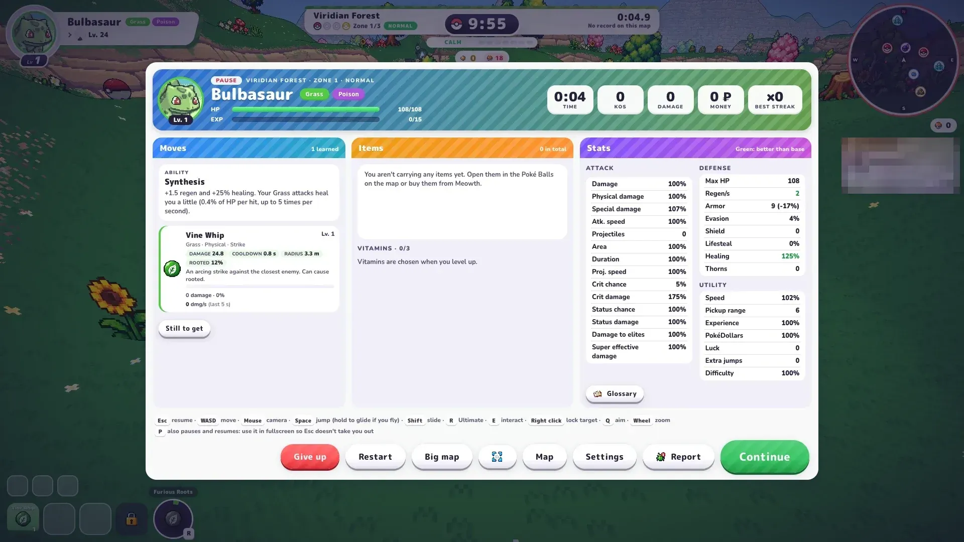 PokeBonk pause screen with Bulbasaur starting stats and move damage