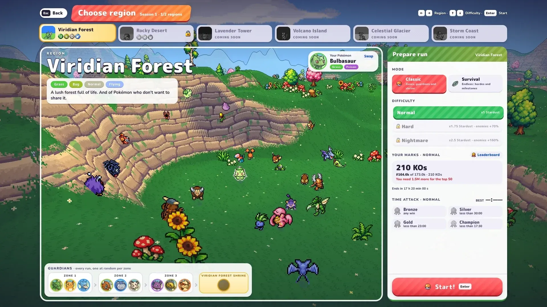 PokeBonk Choose region screen: Viridian Forest Zone 1/3 with Normal difficulty
