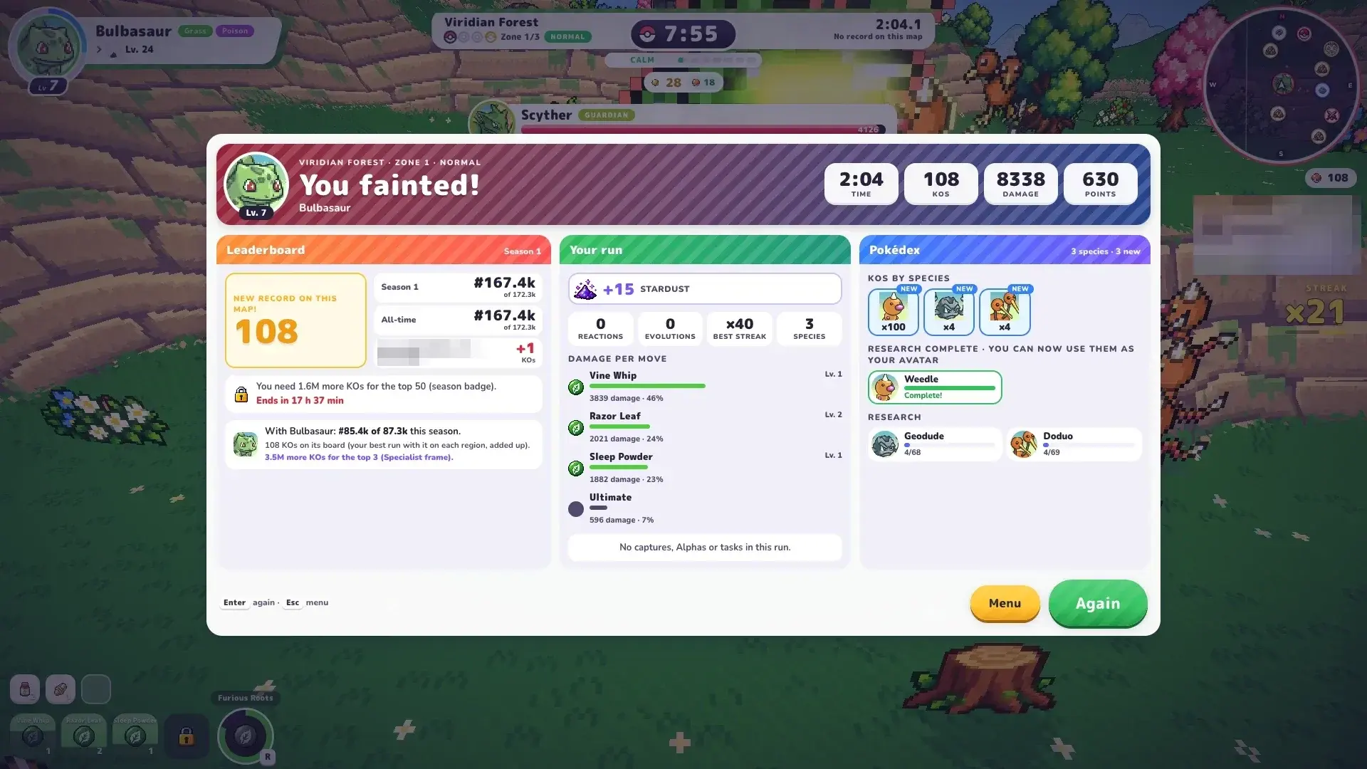 Our first PokeBonk run results: 2:04, 108 KOs, 8,338 damage, +15 Stardust