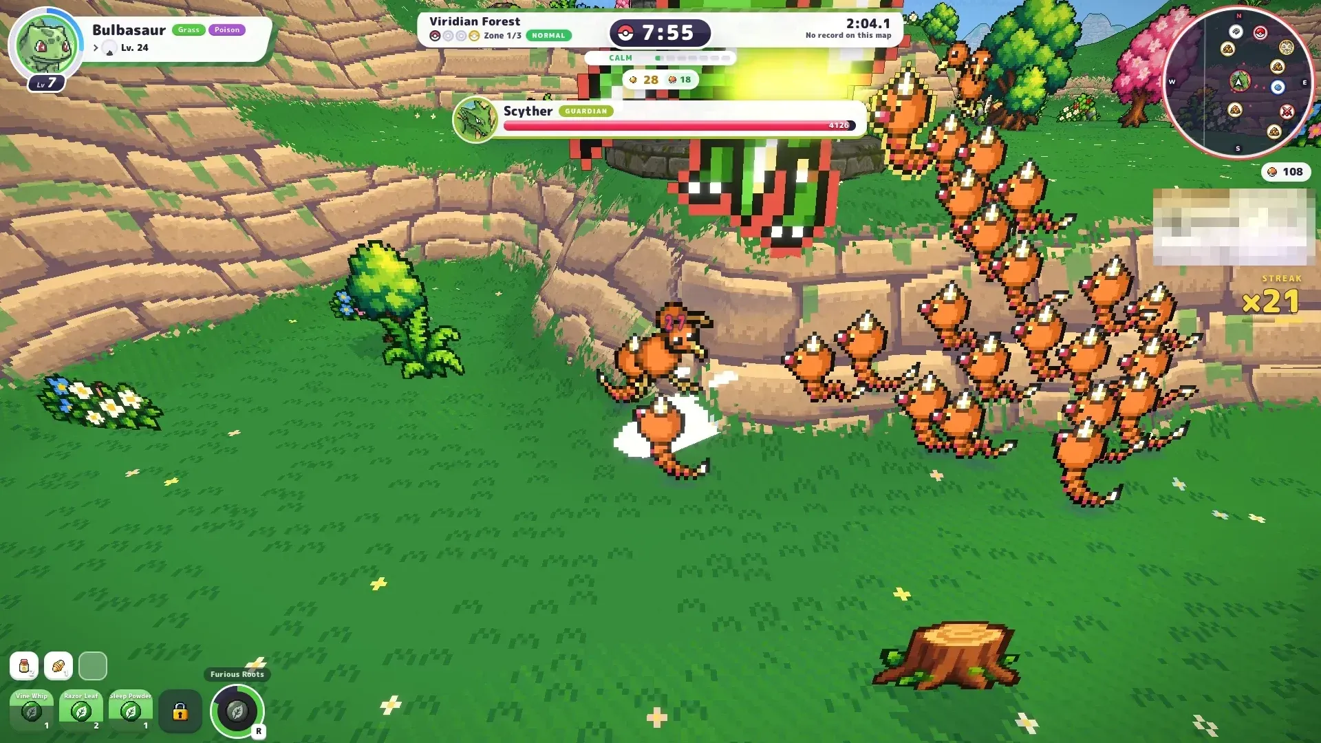 Scyther guardian fight in PokeBonk with its health bar at 4,203 HP
