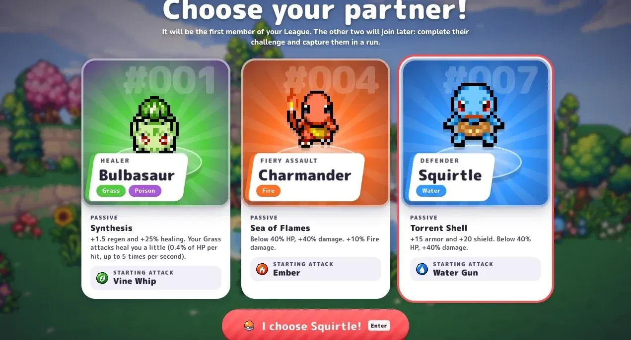 PokeBonk Choose your partner screen: Bulbasaur (Healer), Charmander (Fiery Assault) and Squirtle (Defender)