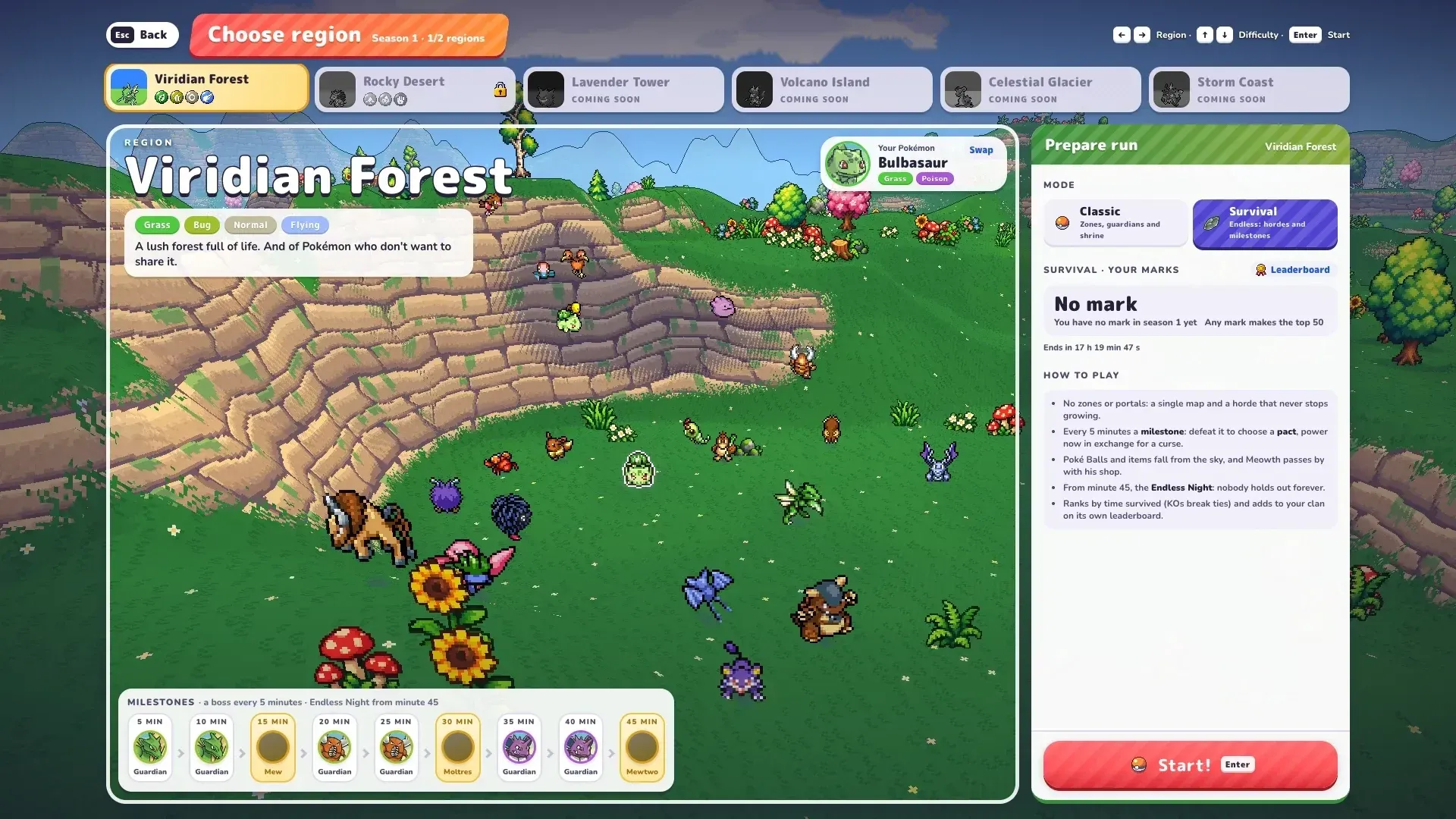 PokeBonk Survival prep screen: a boss every 5 minutes, endless night at 45 minutes, Mew, Moltres and Mewtwo milestones
