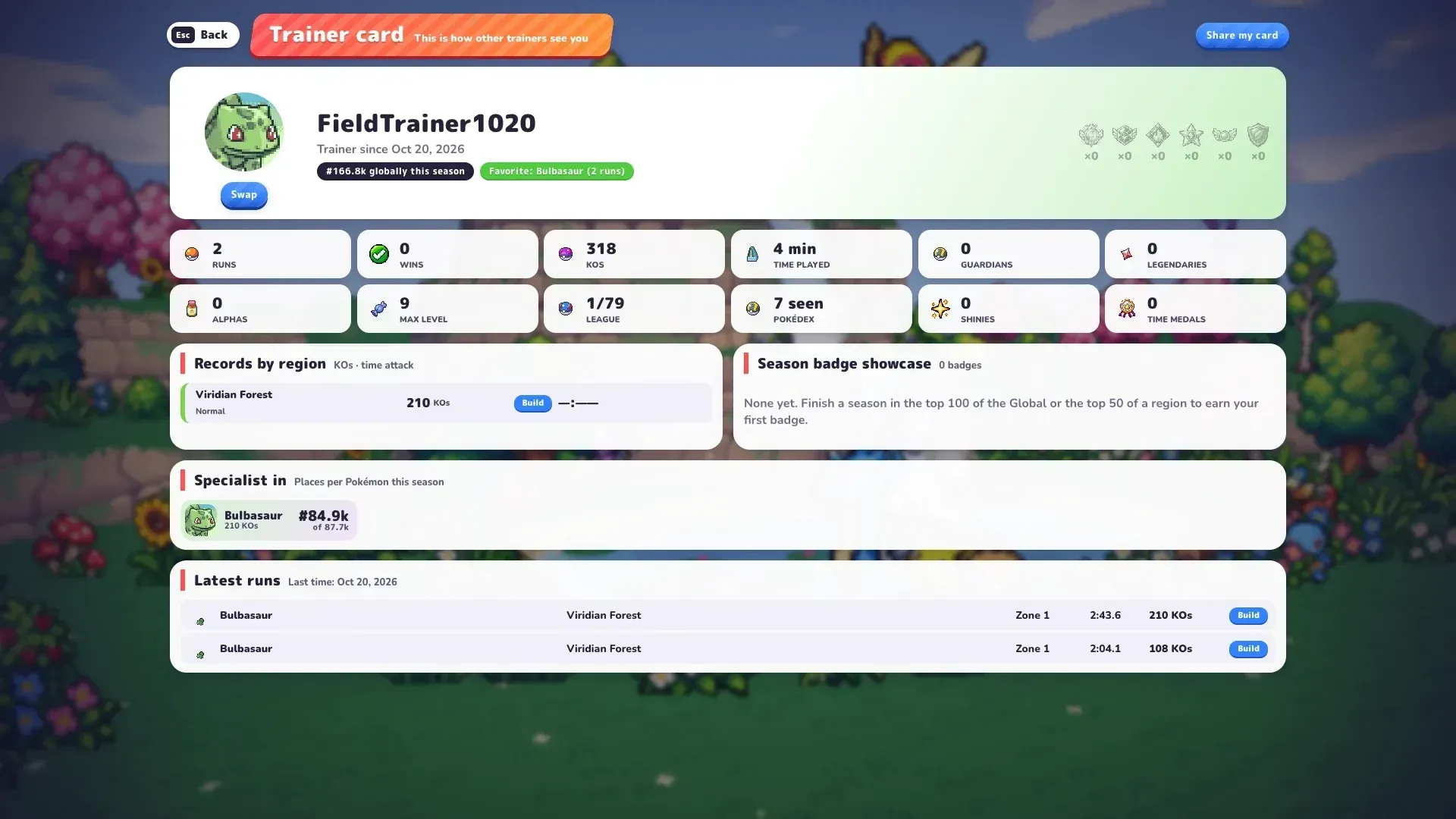 PokeBonk trainer card with runs, records by region and season badge showcase