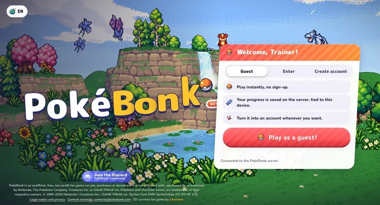 PokeBonk welcome screen with Guest, Enter and Create account options